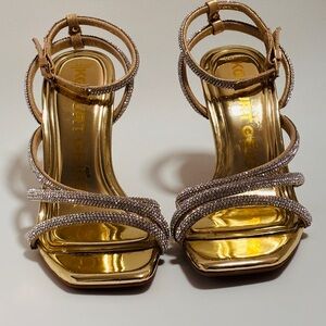 KG Kurt Geiger Vegan Gold & Swarovski Heels Sandals Ankle Strap 38